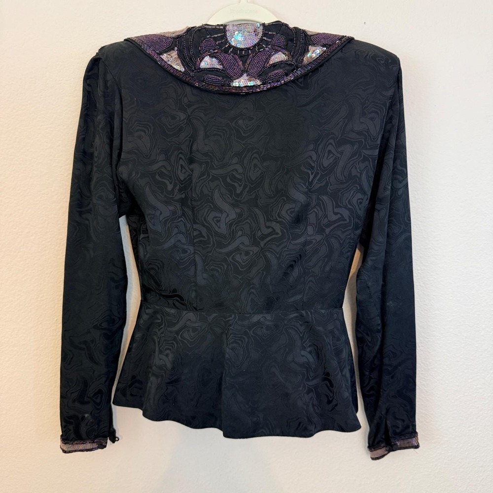 Vintage Silk Beaded Sequin Jacquard Evening Blazer Black Long Sleeve Jacket - Picture 11 of 14
